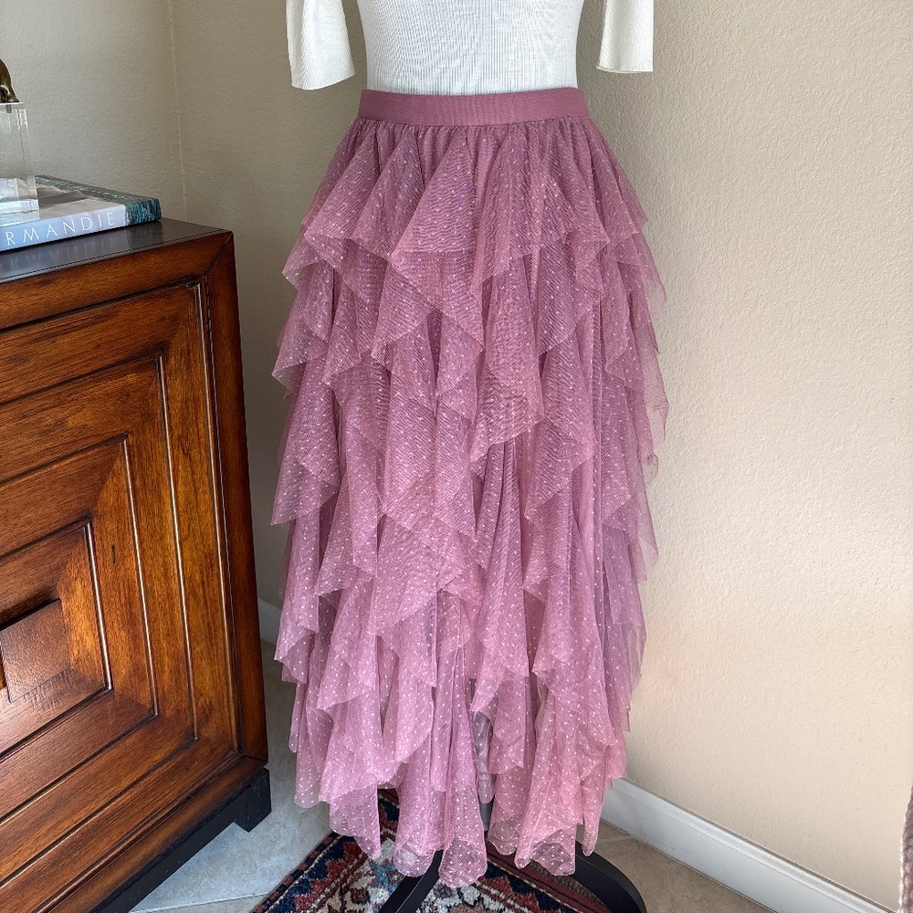 WDNY Dusty Rose Tulle Maxi Skirt Swiss Dot Layered Romantic Cottagecore L NWT